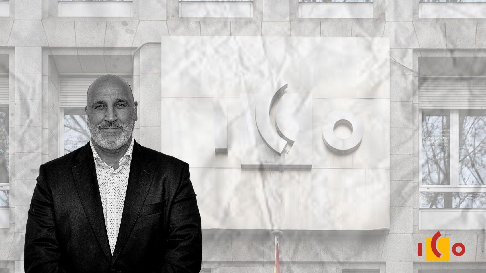 El empresario Iván Carrillo, implicado en este caso, con el edificio del ICO en el fondo
