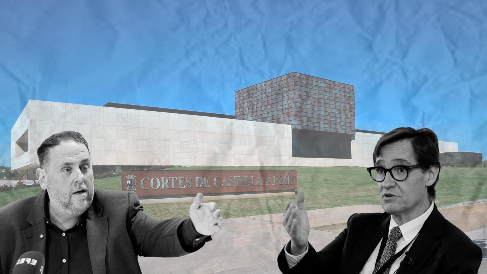 Fotomontaje de Salvador Illa y Oriol Junqueras, con las Cortes de Castilla y León de fondo