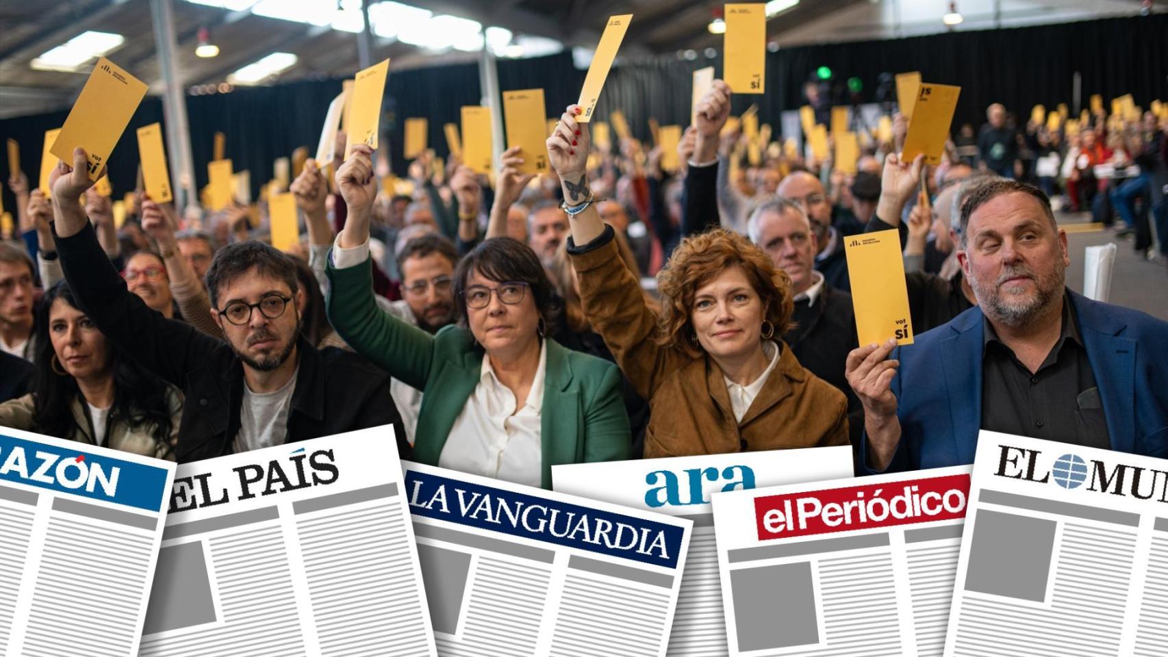 Fotomontaje de primeras planas con el presidente de ERC, Oriol Junqueras (d), y la secretaria general de ERC, Elisenda Alamany (2d), durante la clausura del 30º Congreso de Esquerra Republicana (ERC)