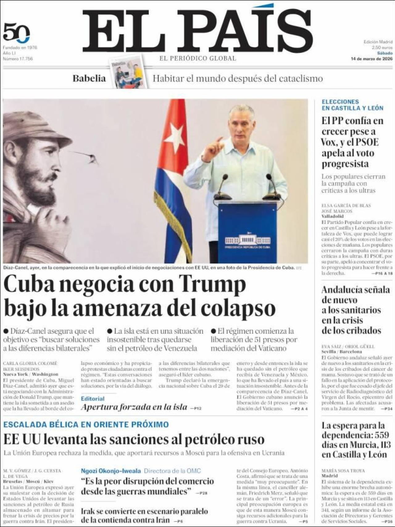 La portada d'El País el 14 de març