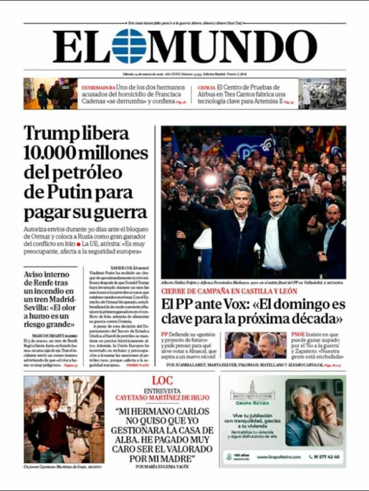 La portada d'El Mundo el 14 de març