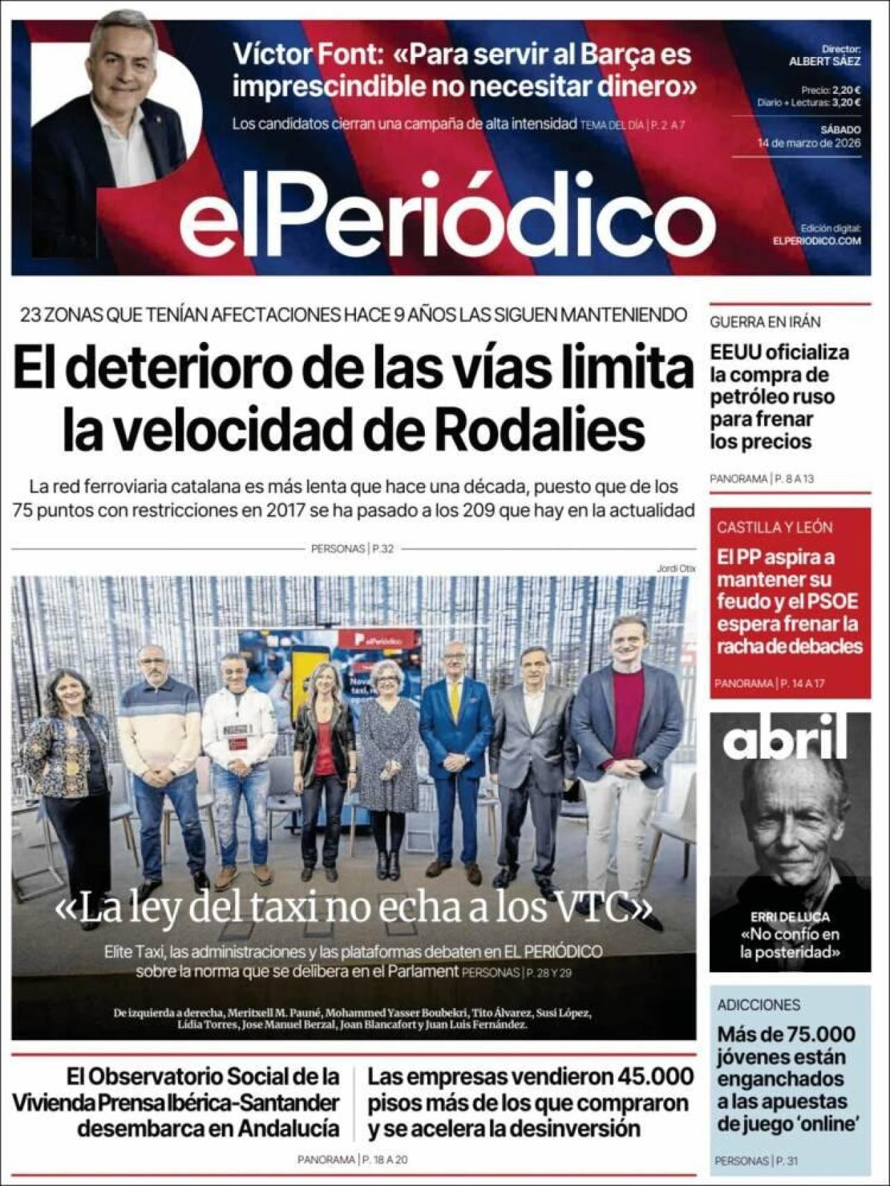 La portada d'El Periódico el 14 de març