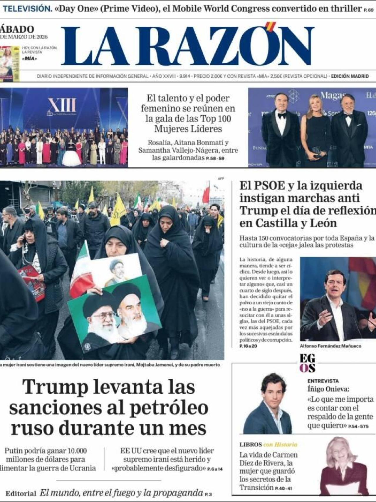 La portada de 'La Razón' el 14 de març
