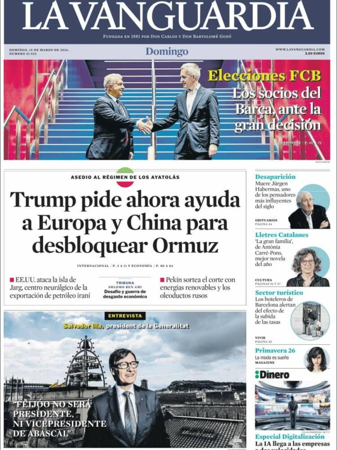 La portada de 'La Vanguardia' el 15 de març