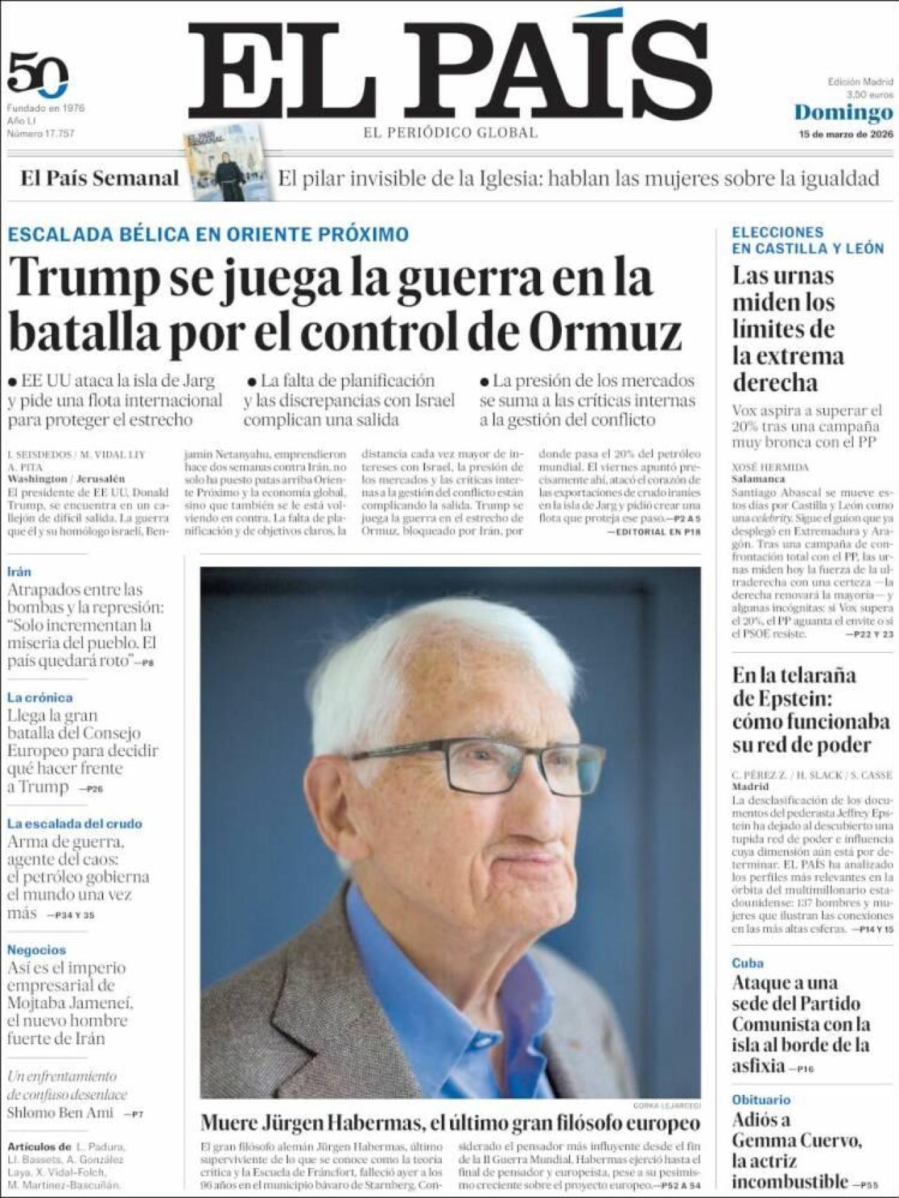La portada de 'El País' el 15 de març