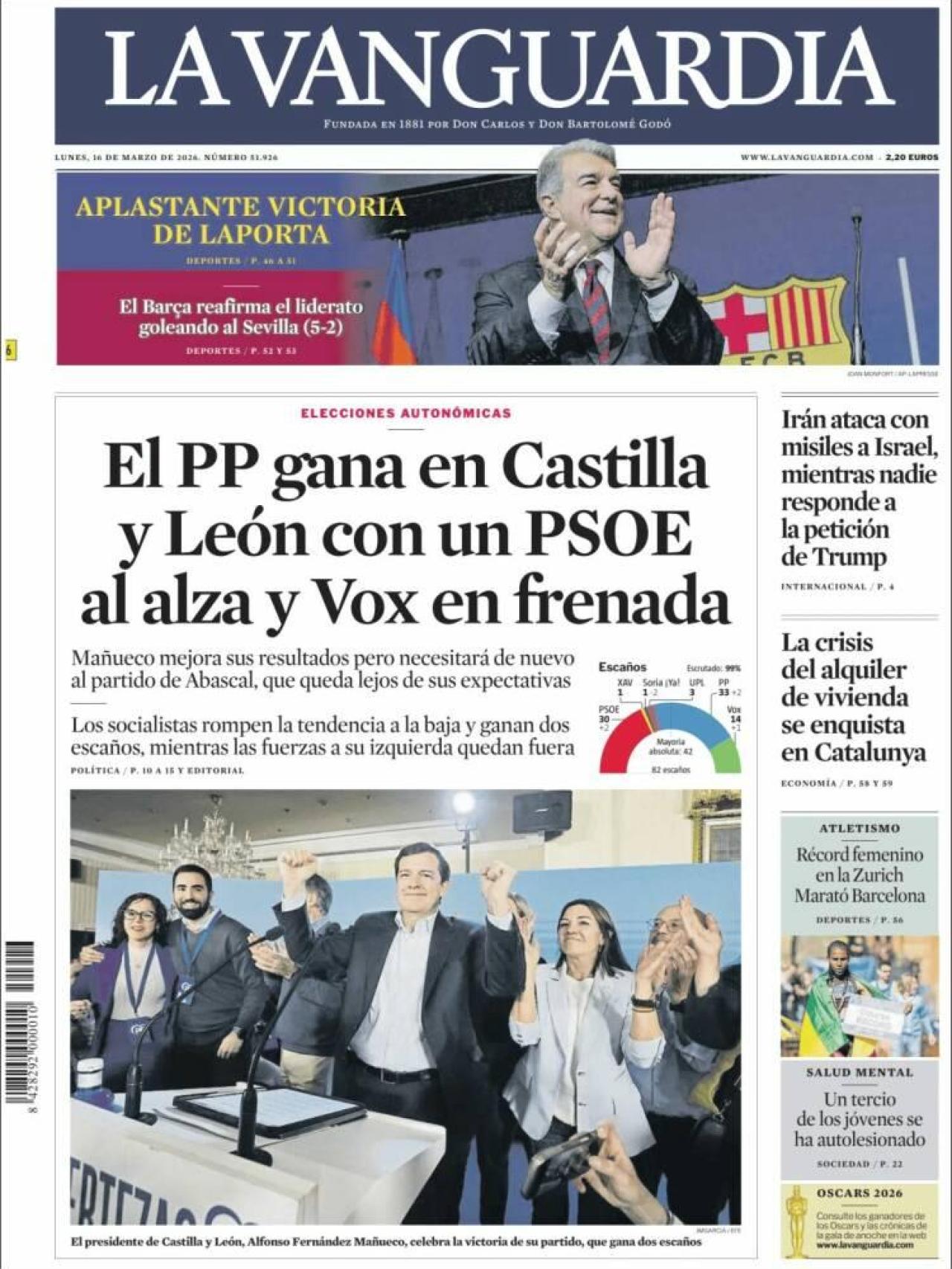 La portada de 'La Vanguardia' el 16 de març