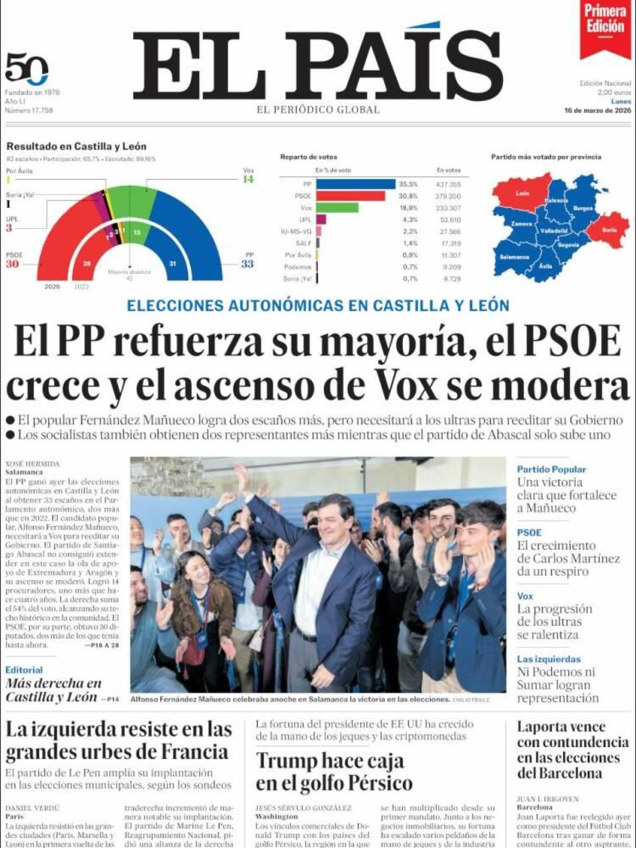 La portada de 'El País' el 16 de març
