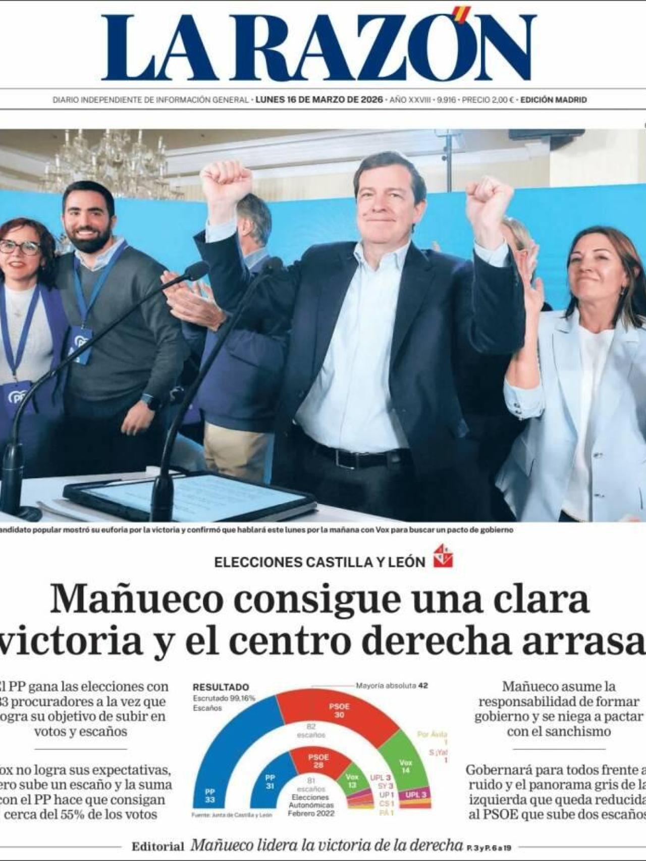 La portada de 'La Razón' el 16 de març