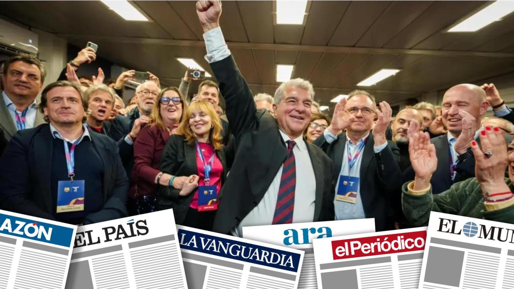 Montaje de primeras planas con Joan Laporta después de ganar las elecciones del Barça