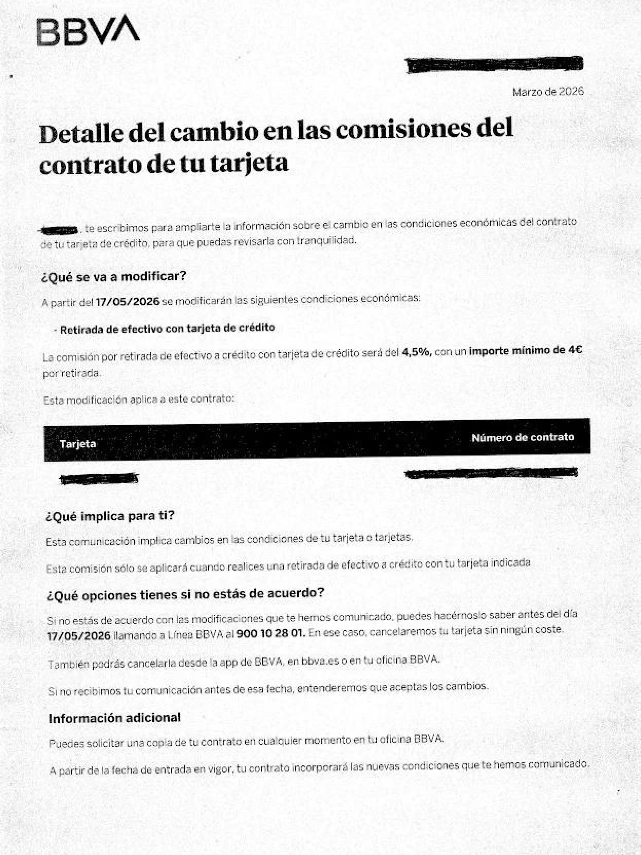 Carta del BBVA per als seus clients
