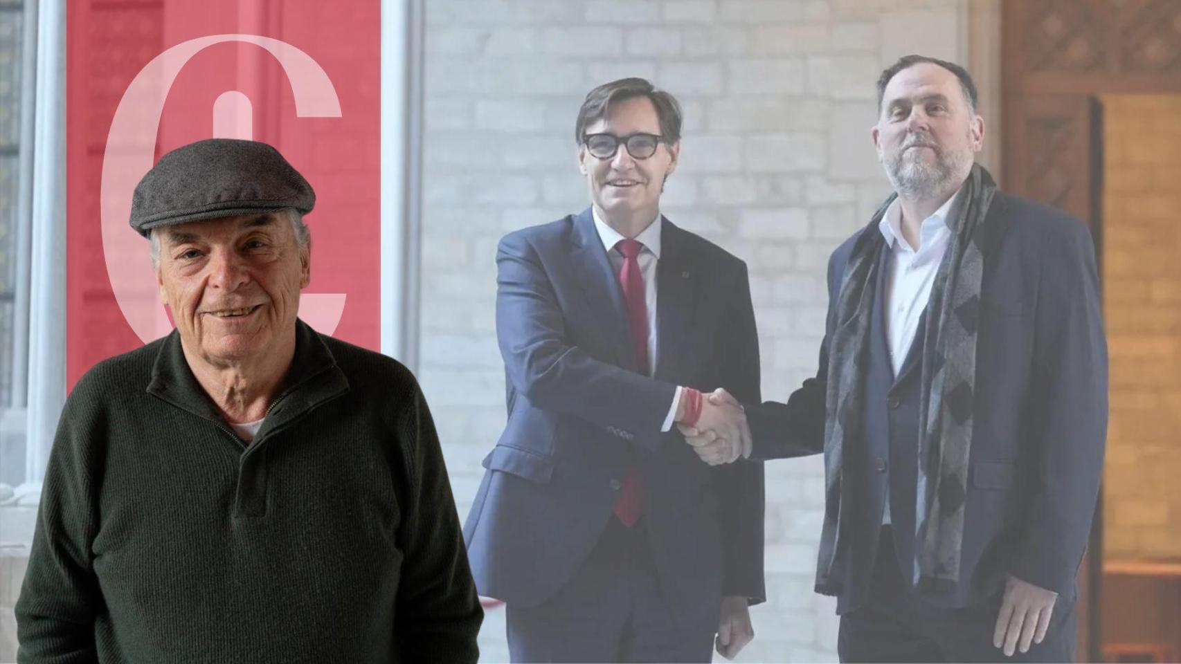 Jordi Mercader, junto a una fotografía de Salvador Illa y Oriol Junqueras