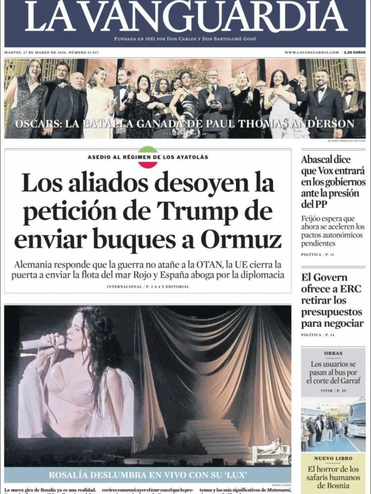 La portada de 'La Vanguardia' el 17 de març
