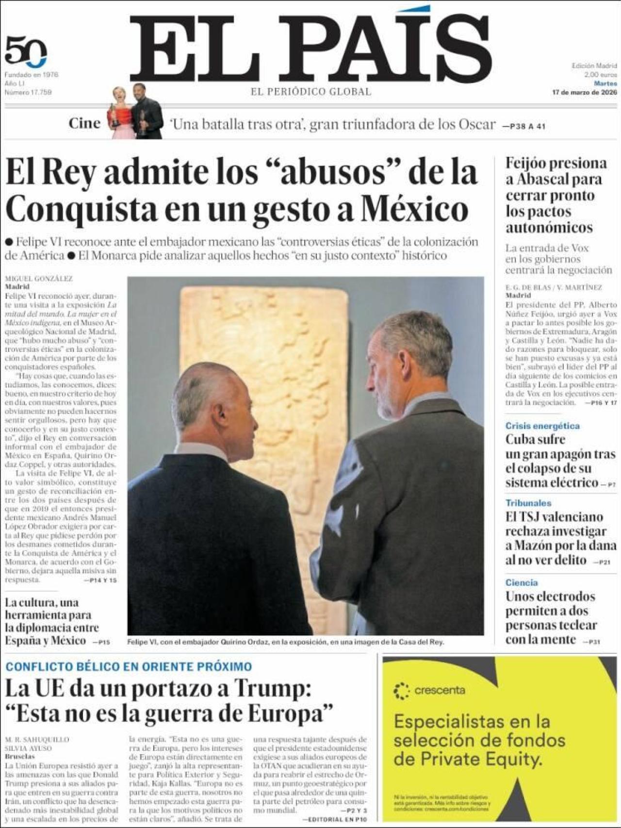 La portada de 'El País' el 17 de març