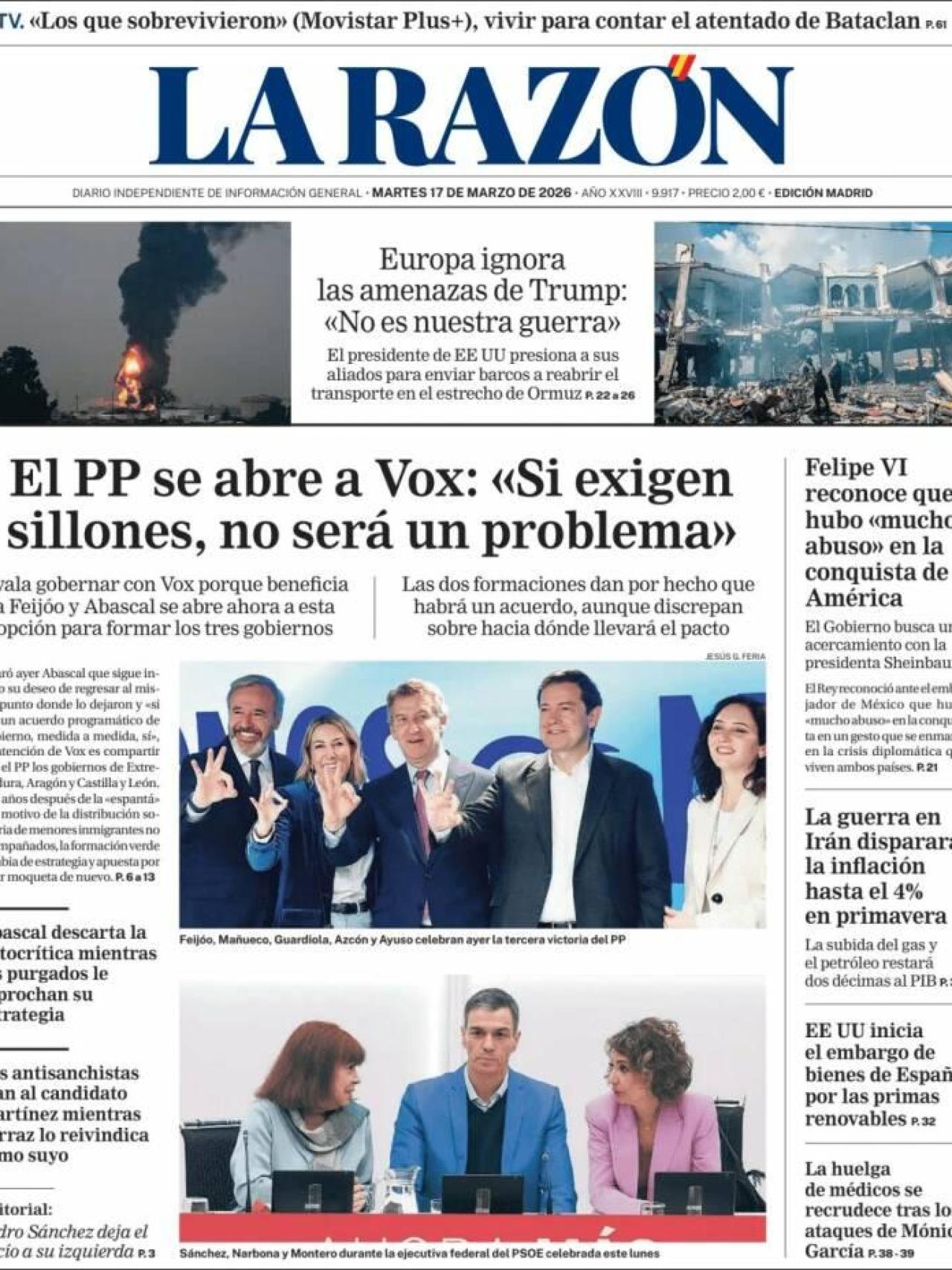 La portada de 'La Razón' el 17 de març