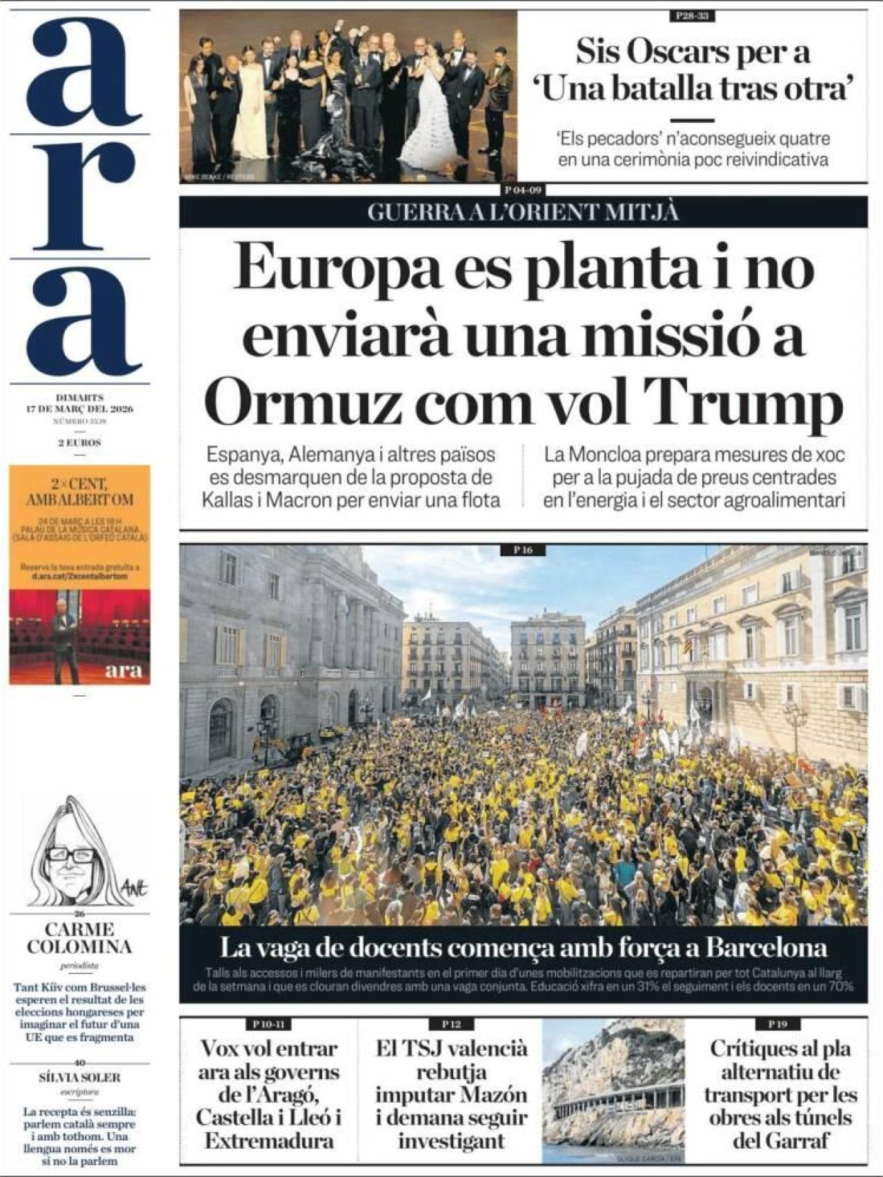 La portada del 'Ara' el 17 de març
