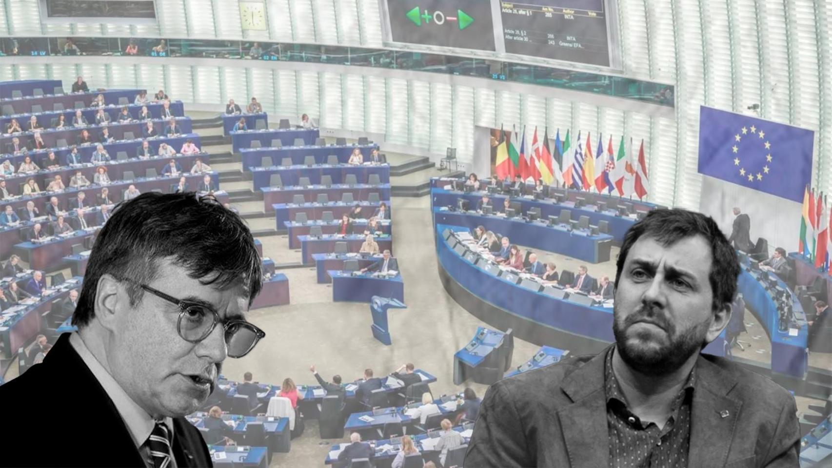 Fotomontaje de Carles Puigdemont, Toni Comín y el Parlamento Europeo de fondo