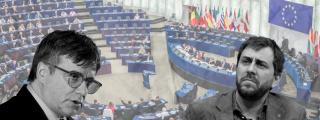 Fotomontaje de Carles Puigdemont, Toni Comín y el Parlamento Europeo de fondo