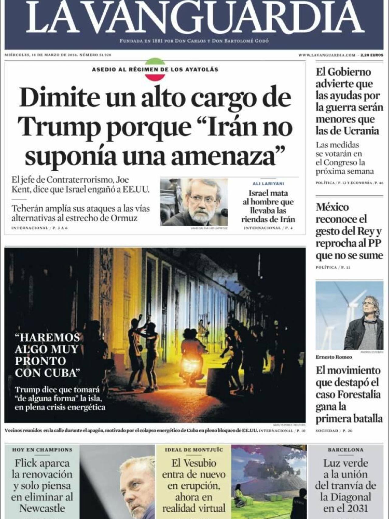 La portada de 'La Vanguardia' el 18 de març