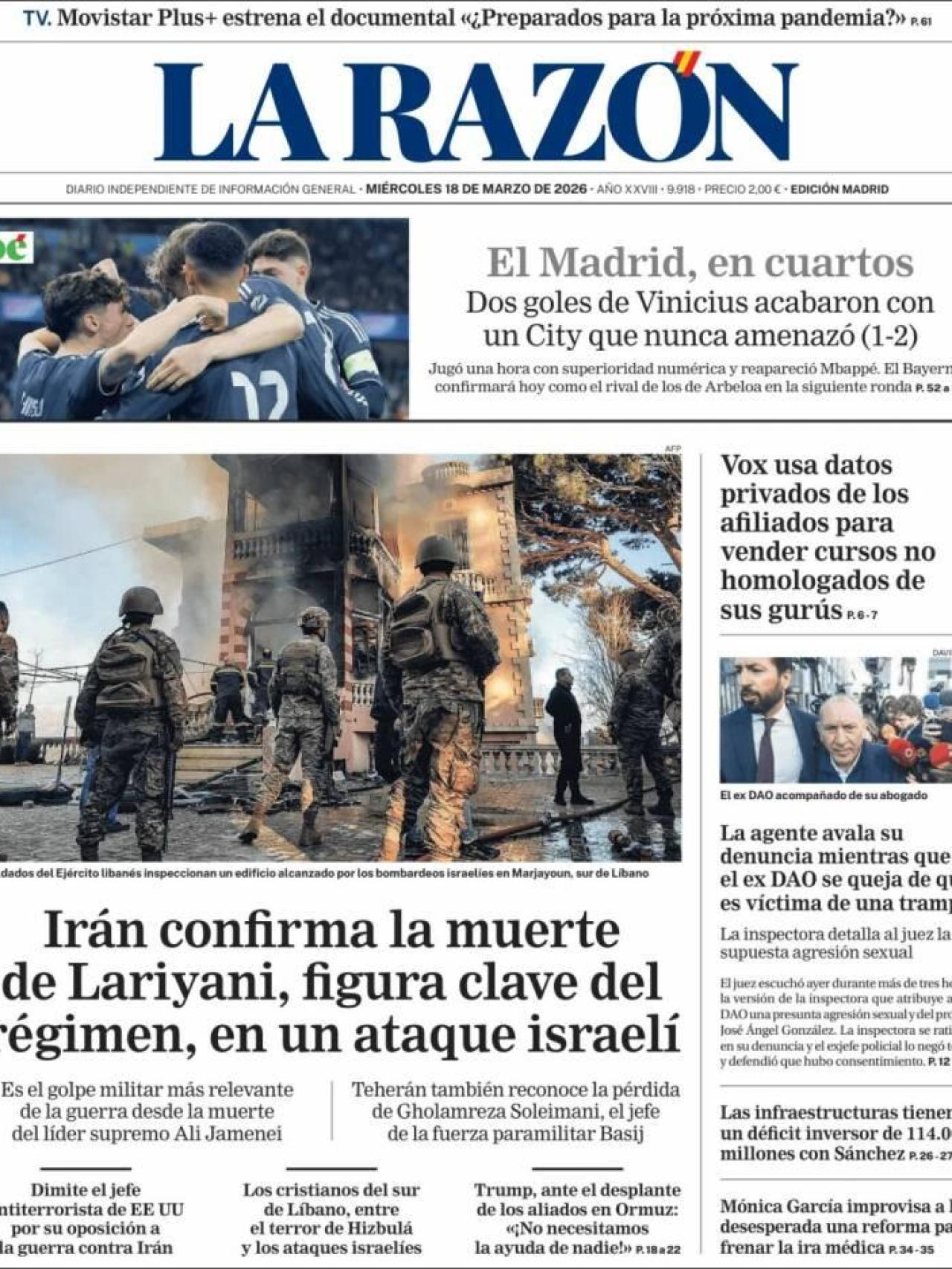 La portada de 'La Razón' el 18 de març