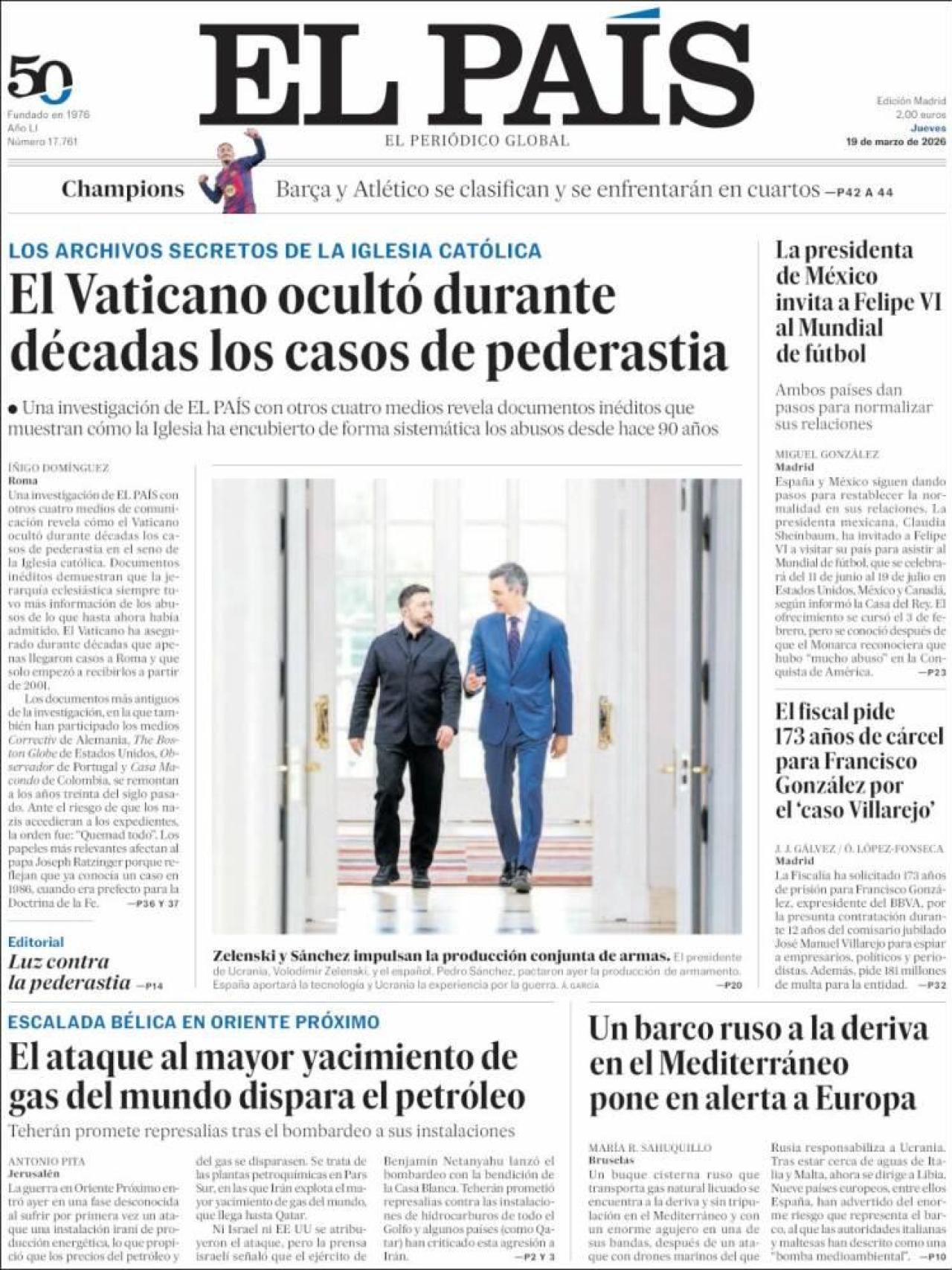 La portada de 'El País' el 19 de marzo