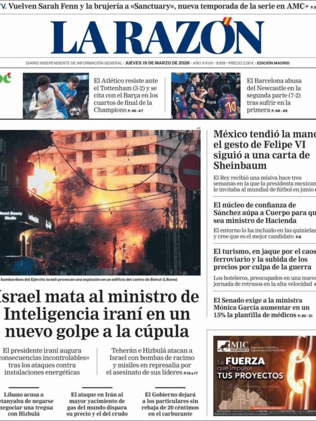 La portada de 'La Razón' el 19 de març