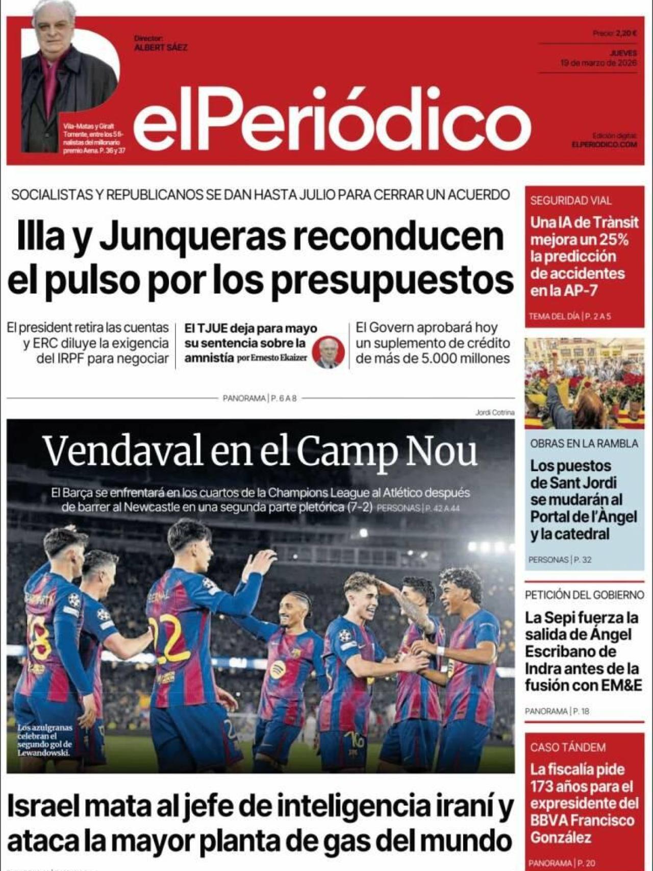 La portada d'El Periódico el 19 de març