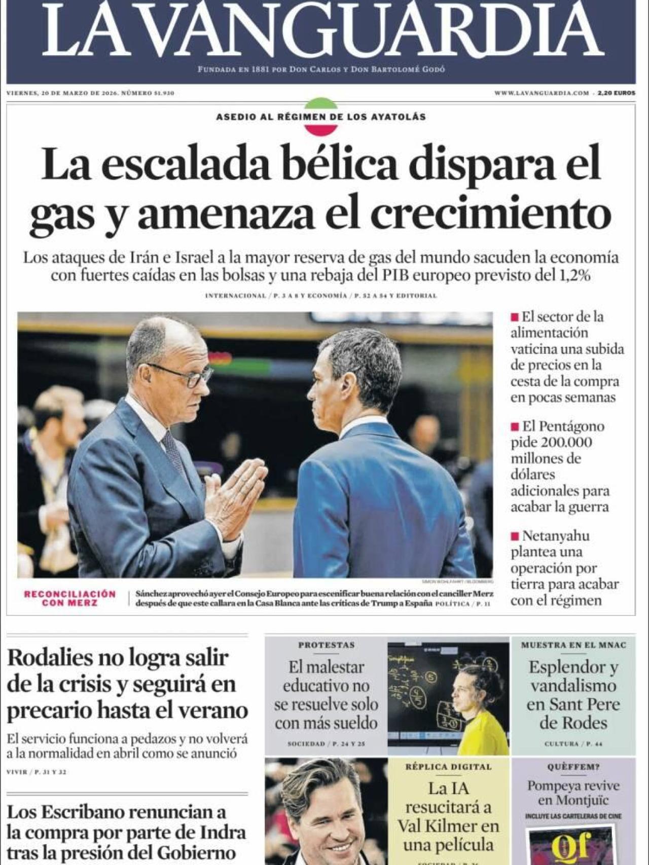 La portada de 'La Vanguardia' el 20 de març