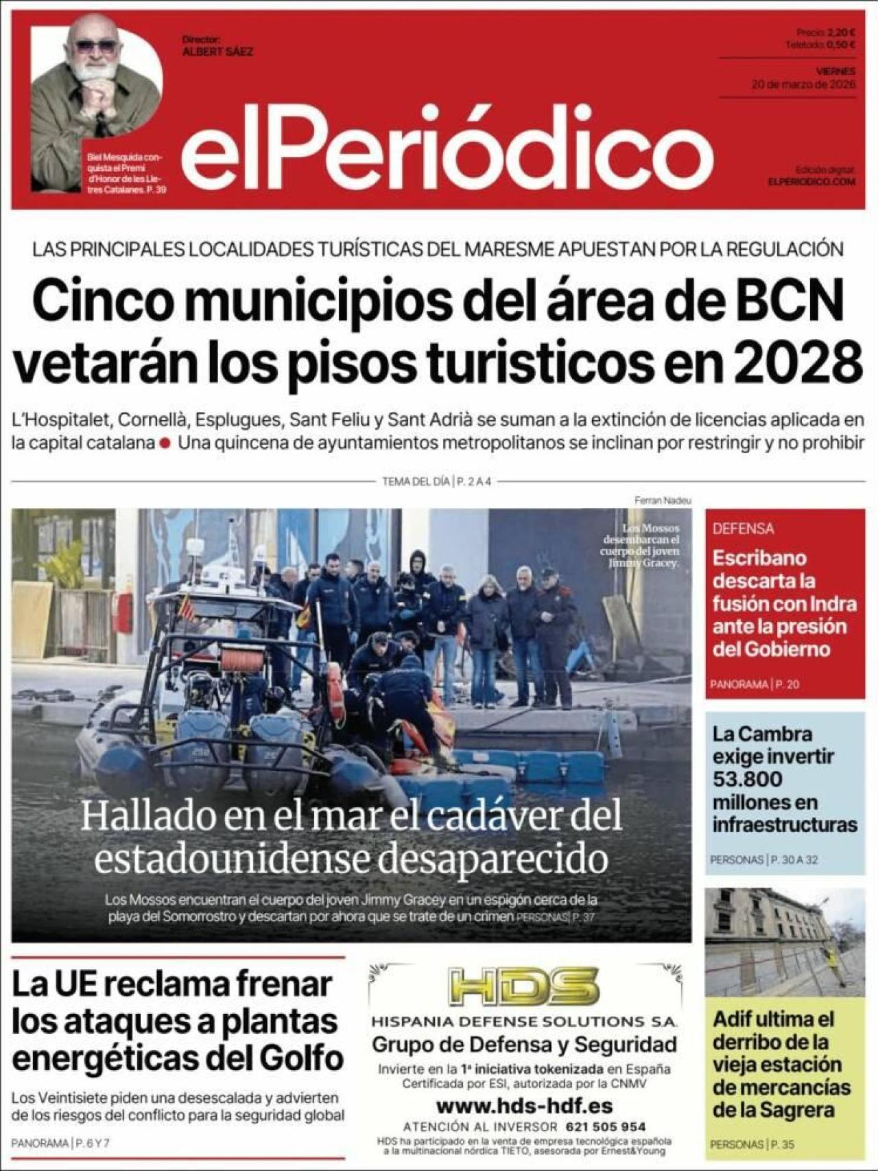 La portada d'El Periódico el 20 de març