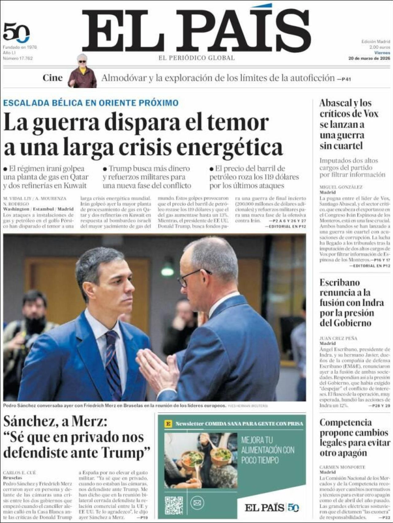 La portada d'El País el 20 de març