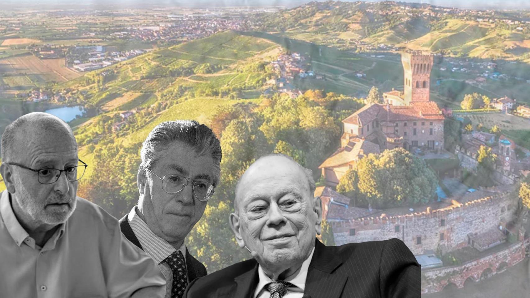 Fotomontaje de Jordi Pujol, Àngel Colom y Umberto Bossi, con un paisaje de Lombardía de fondo