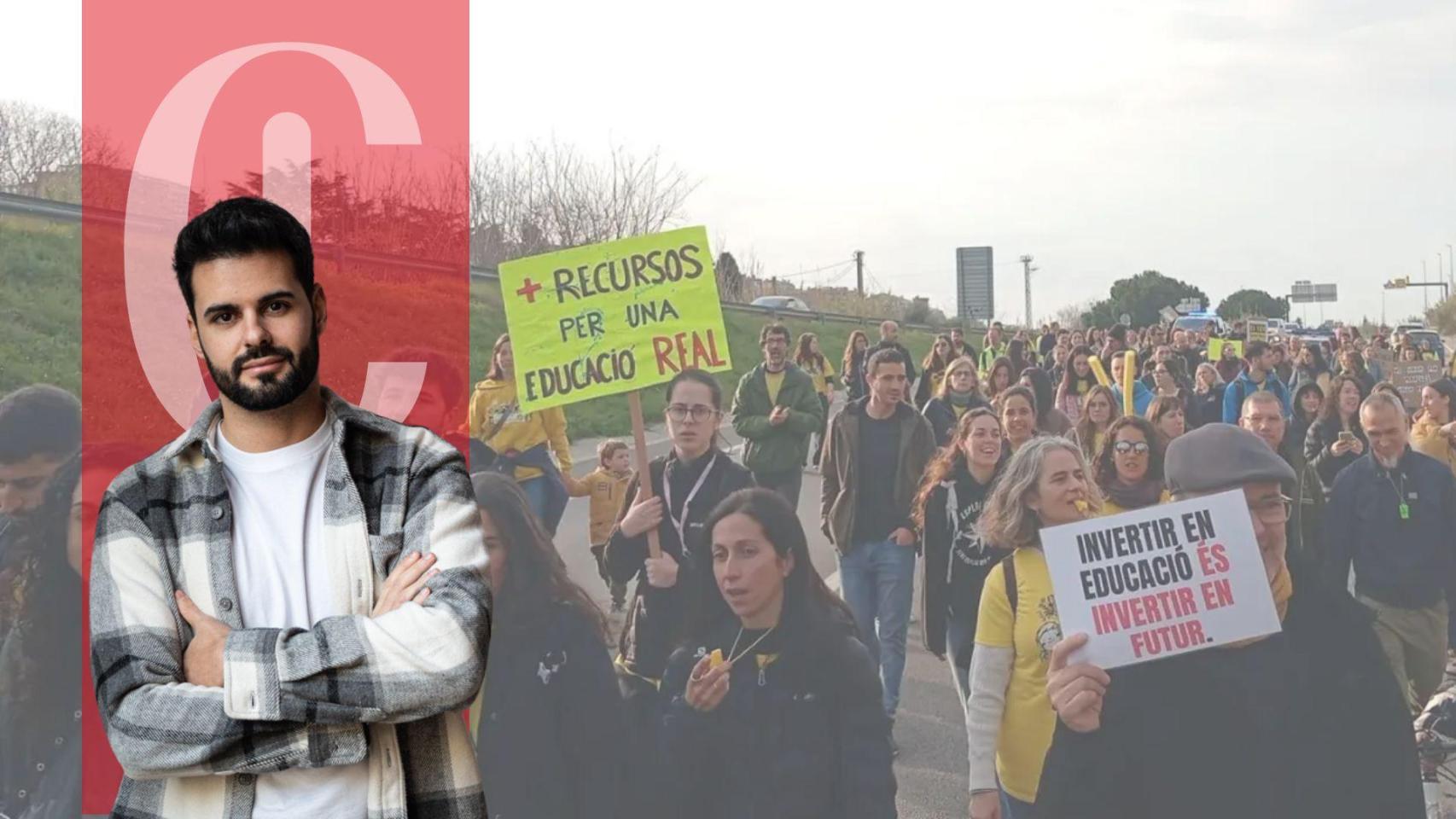 David Expósito y una imagen de manifestación de docentes en Cataluña