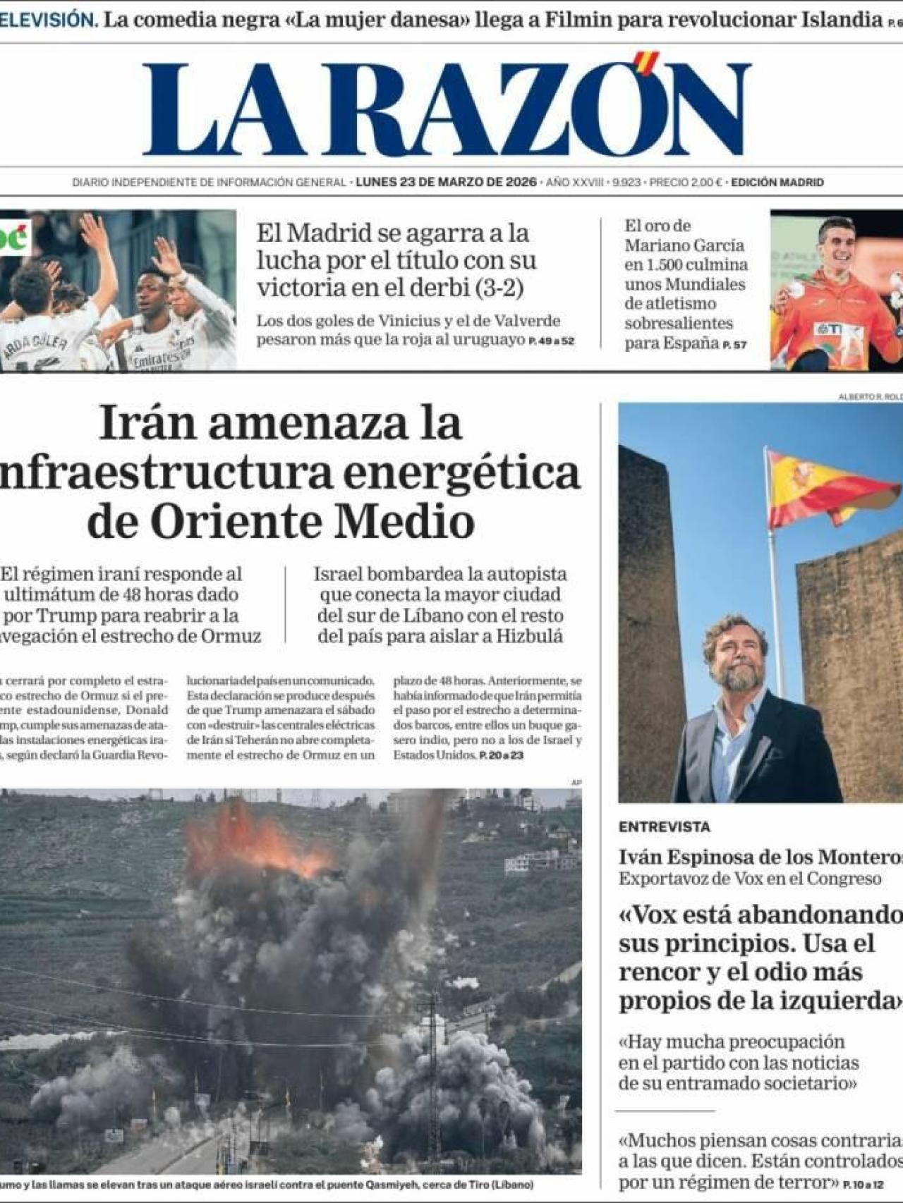 La portada de La Razón el 23 de març