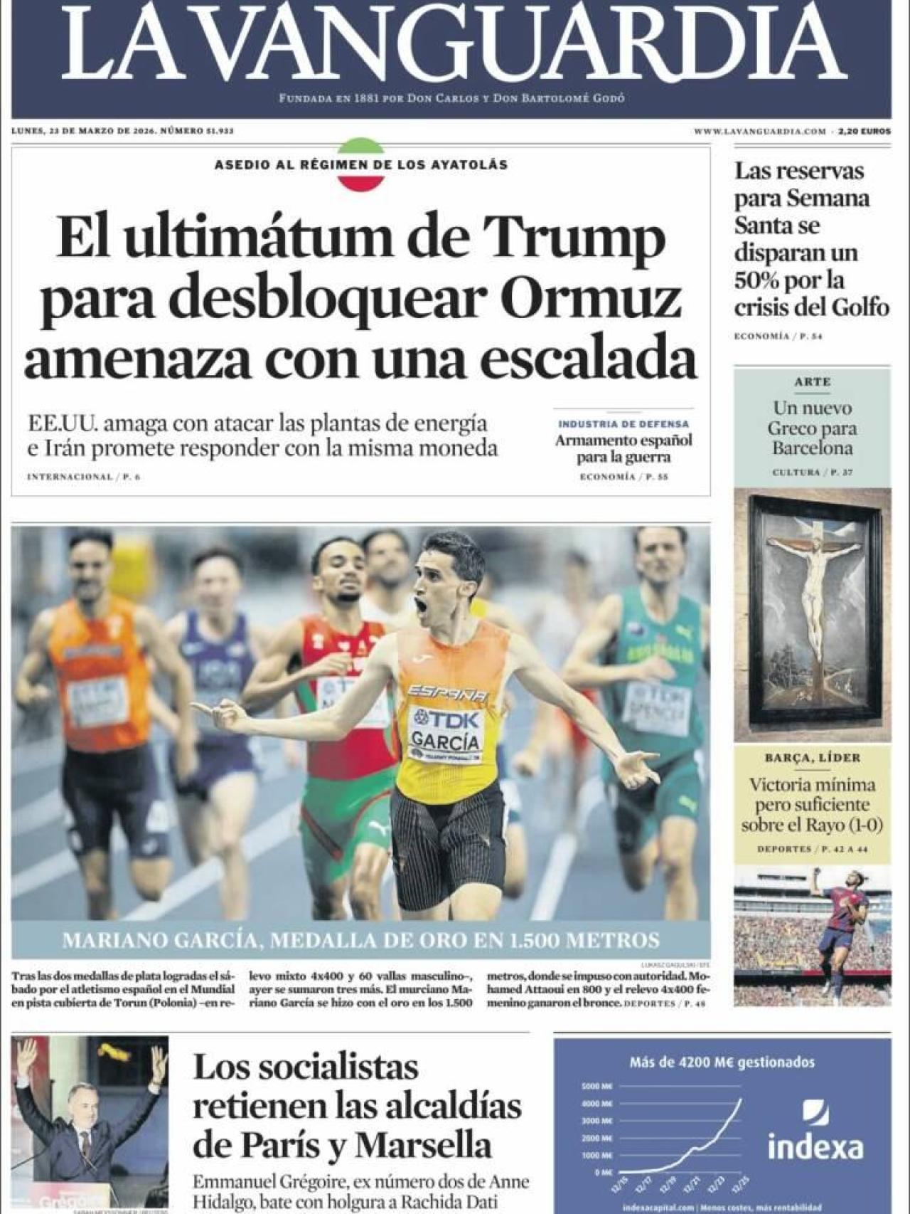 La portada de La Vanguardia el 23 de març