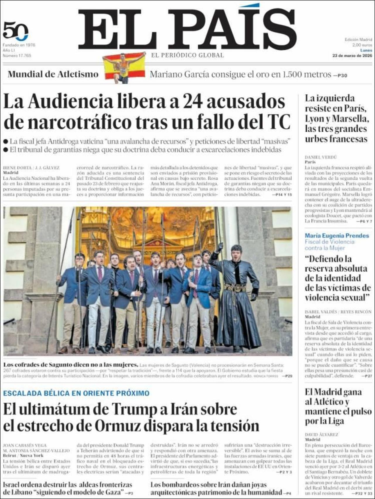 La portada d'El País el 23 de març