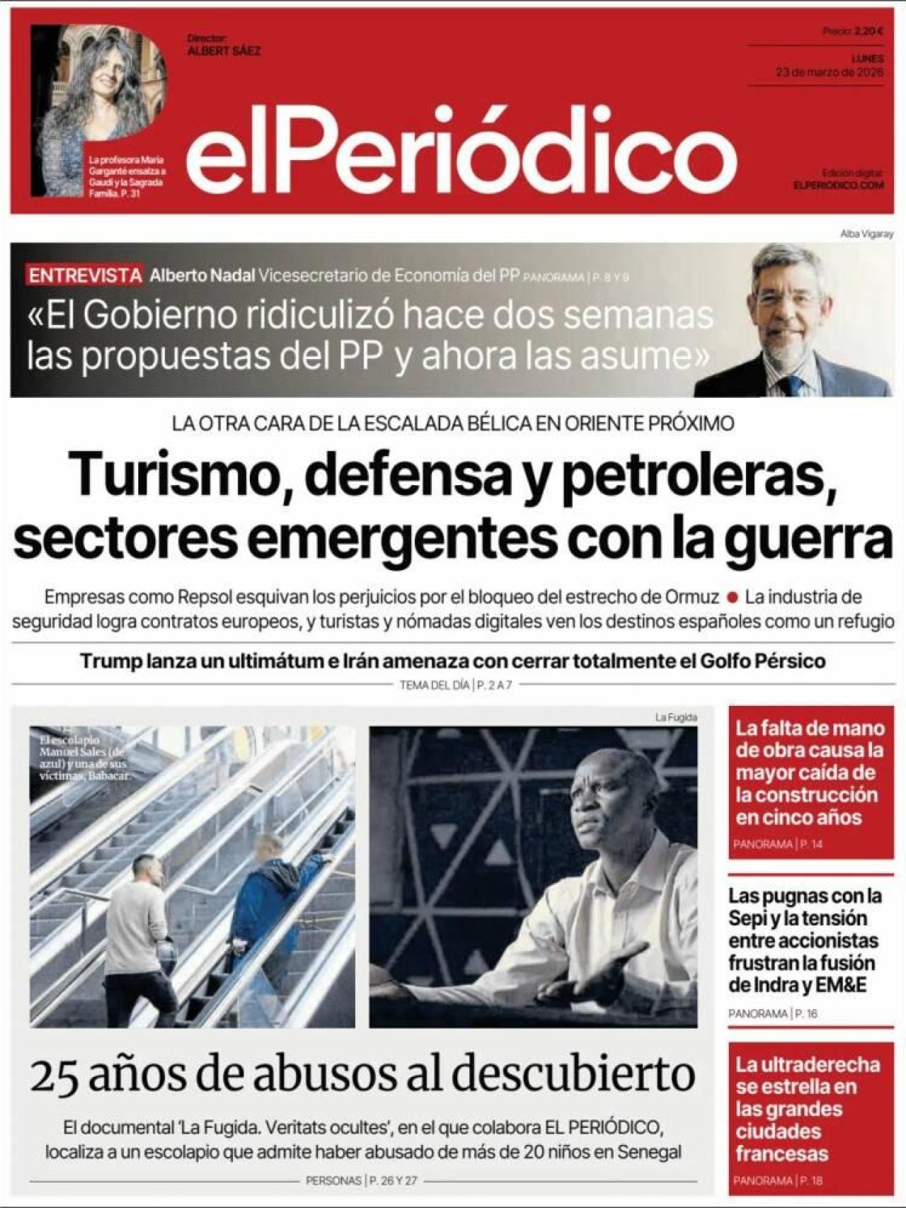 La portada d'El Periódico el 23 de març