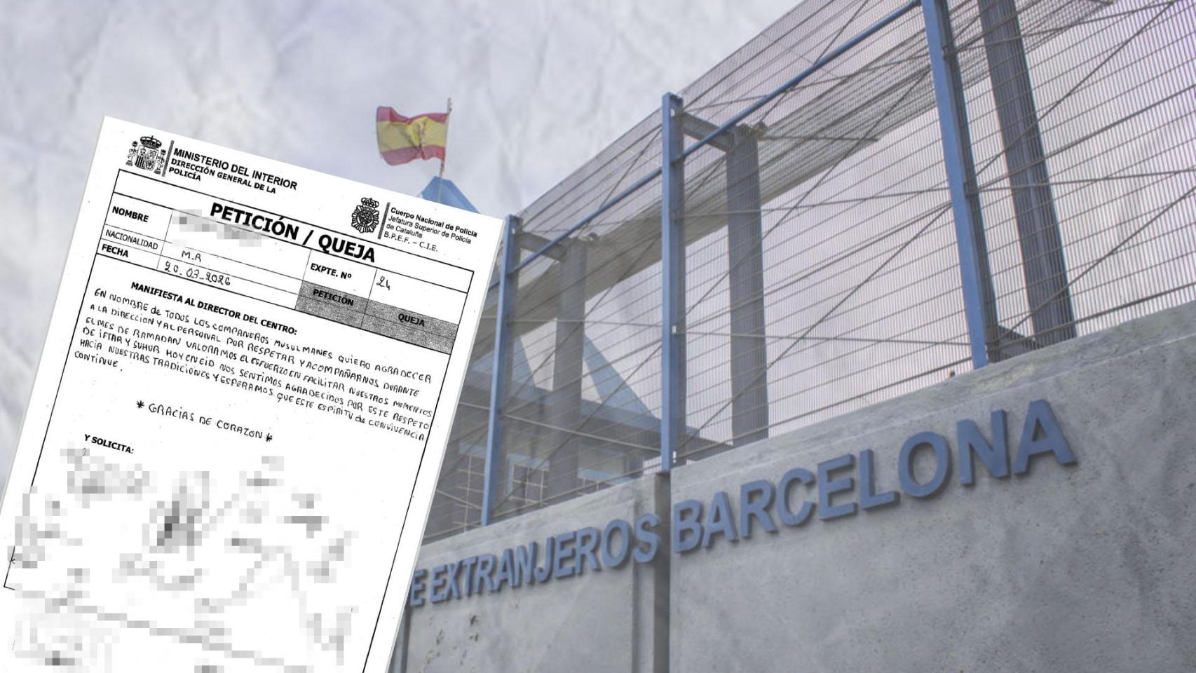 Imagen de la carta que han enviado los internos y de fondo la fachada del CIE de Zona Franca