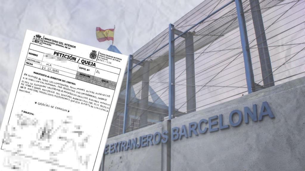 Imagen de la carta que han enviado los internos y de fondo la fachada del CIE de Zona Franca