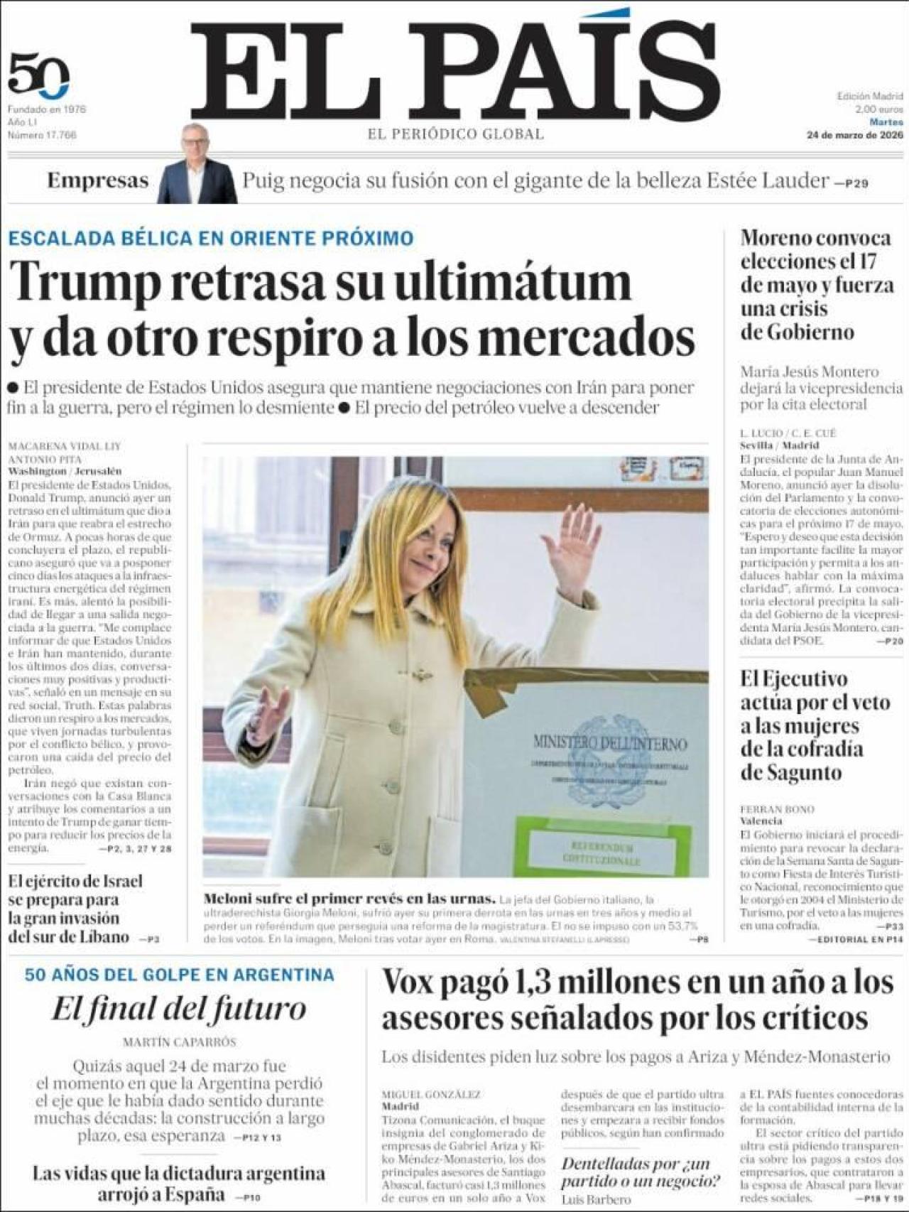 La portada de 'El País' el 24 de marzo