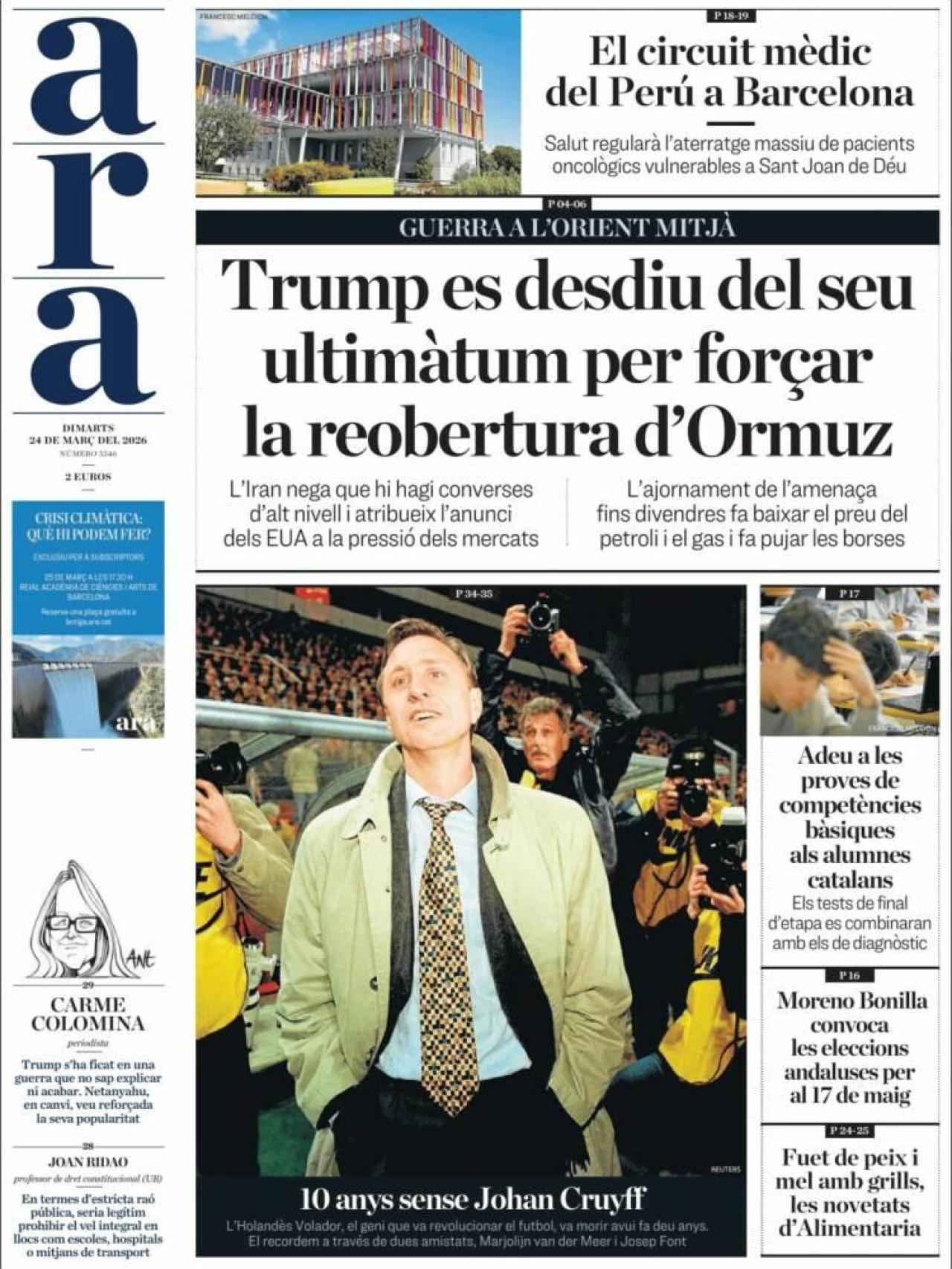 La portada de l' 'Ara' el 24 de març