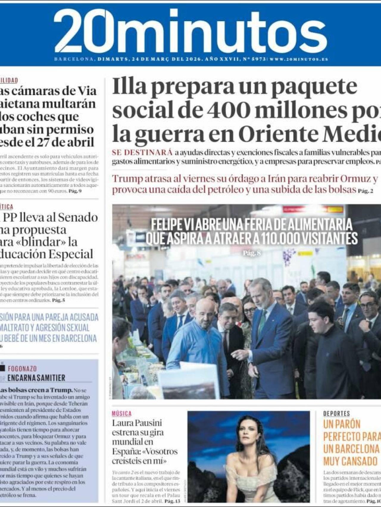 La portada de '20 Minuts' el 24 de març