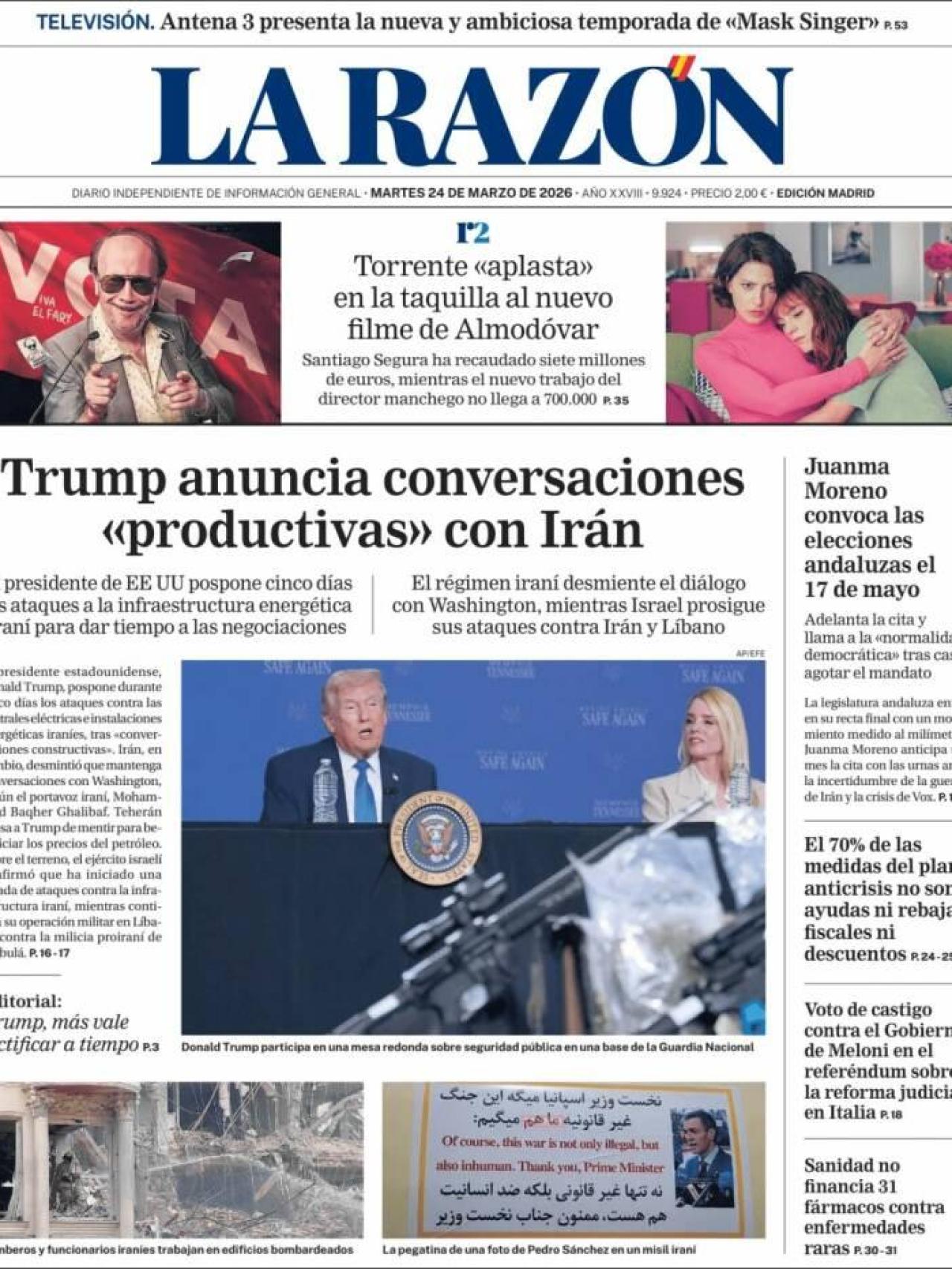 La portada de 'La Razón' el 24 de març