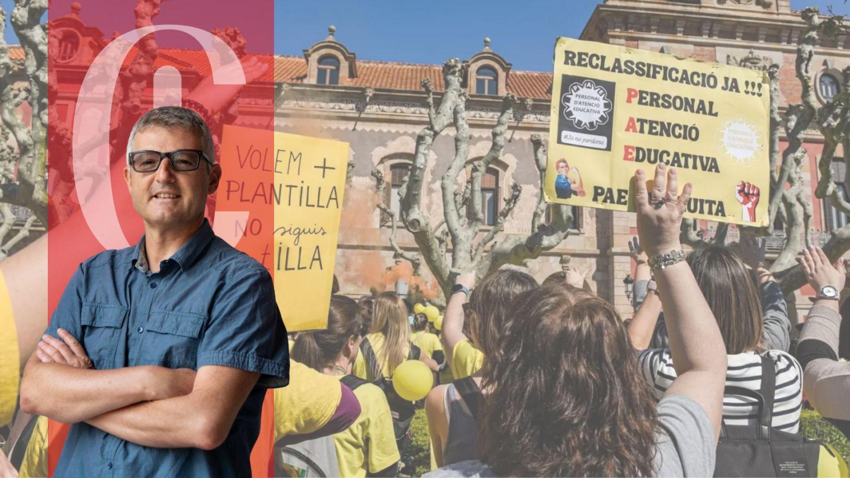 Joaquim Coll y una manifestación de profesores ante el Parlament de Cataluña