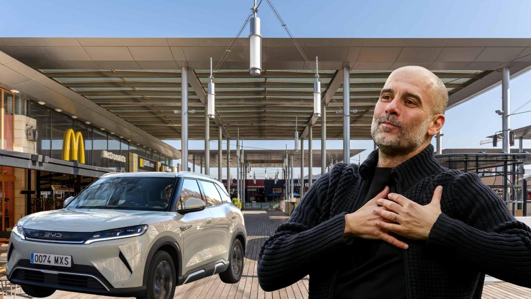 Pep Guardiola, en un fotomontaje con La Maquinista de fondo y un coche BYD