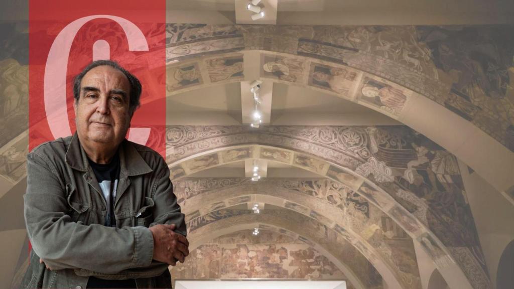 Ramón de España y una imagen de las pinturas de Sijena