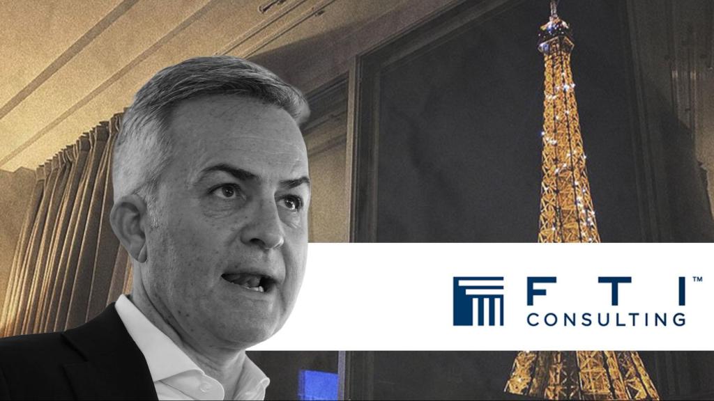 Un montaje de Víctor Font con una imagen de París de fondo y el logo de la empresa estadounidense FTI Consulting