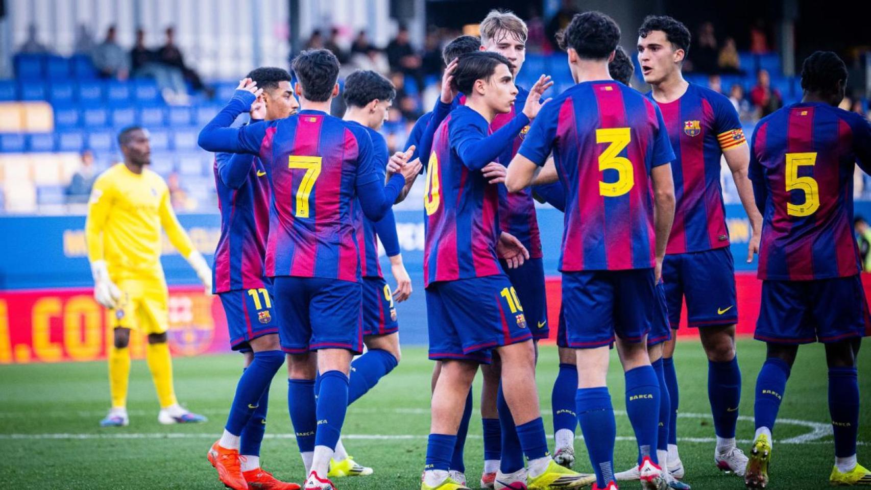 Los jugadores del Barça B celebran un gol en la Copa Catalunya contra el Andorra