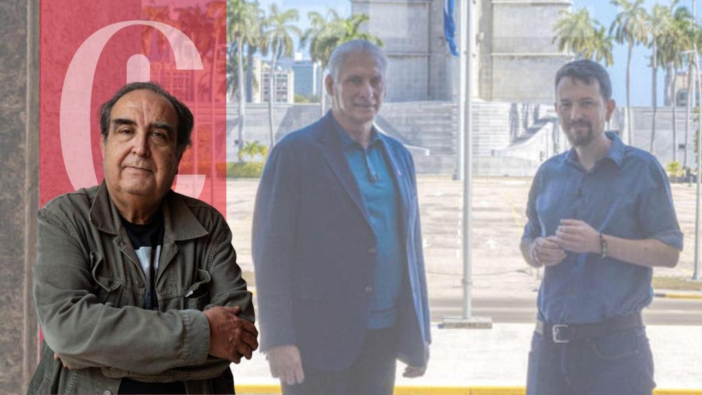 Ramón de España y una imagen del encuentro del fundador de Podemos, Pablo Iglesias, con el presidente de Cuba, Díaz Canel