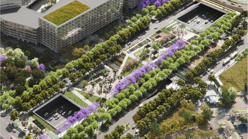 Render de la cobertura de la Granvia con el futuro BioClúster y el bosque urbano
