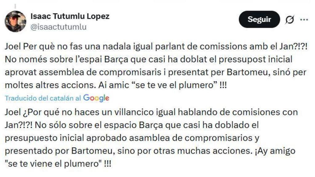 Isaac Tutumlu acusa Joel Díaz de doble raser sobre la seva nadala crítica amb Josep Maria Bartomeu