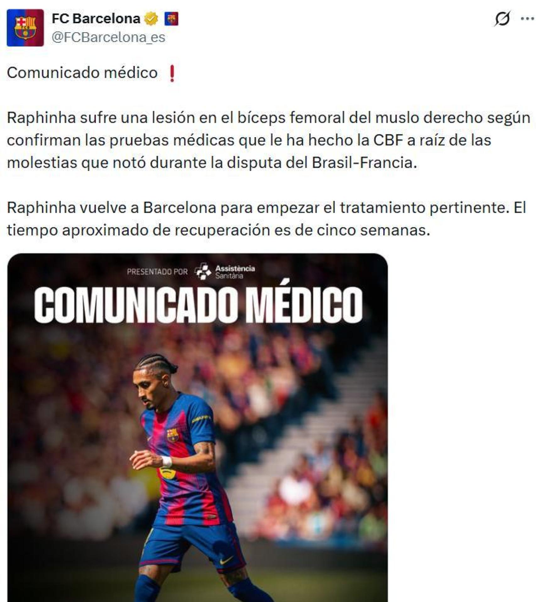 El Barça confirma la lesió de Raphinha a l'aturada de seleccions d'abril
